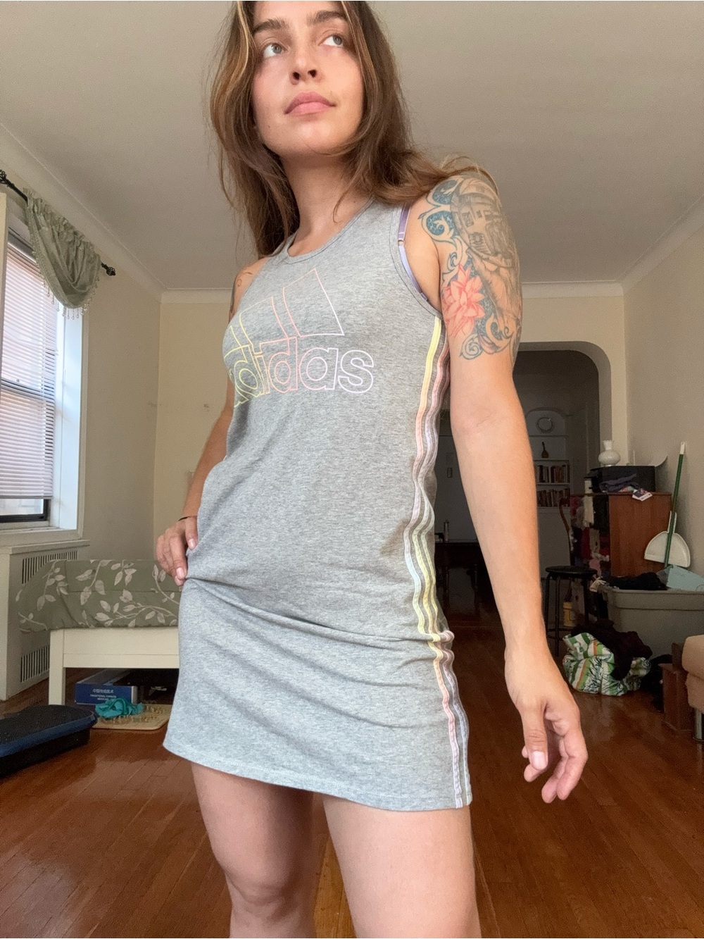 adidas Grey Tank Dress with Pastel Stripe Logo